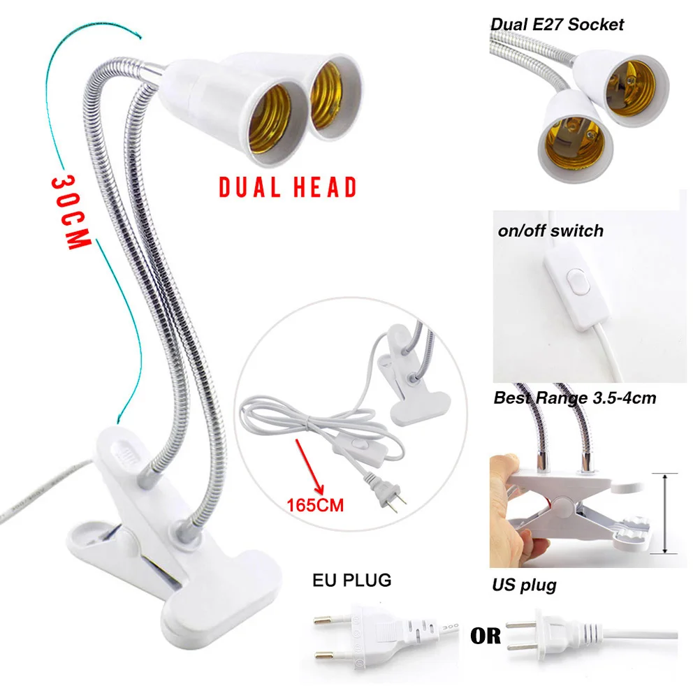

2 head E27 Flexible Lamp base holder night On off Switch Holder desk Clip socket Plugs EU US UK for Book living room grow Lights