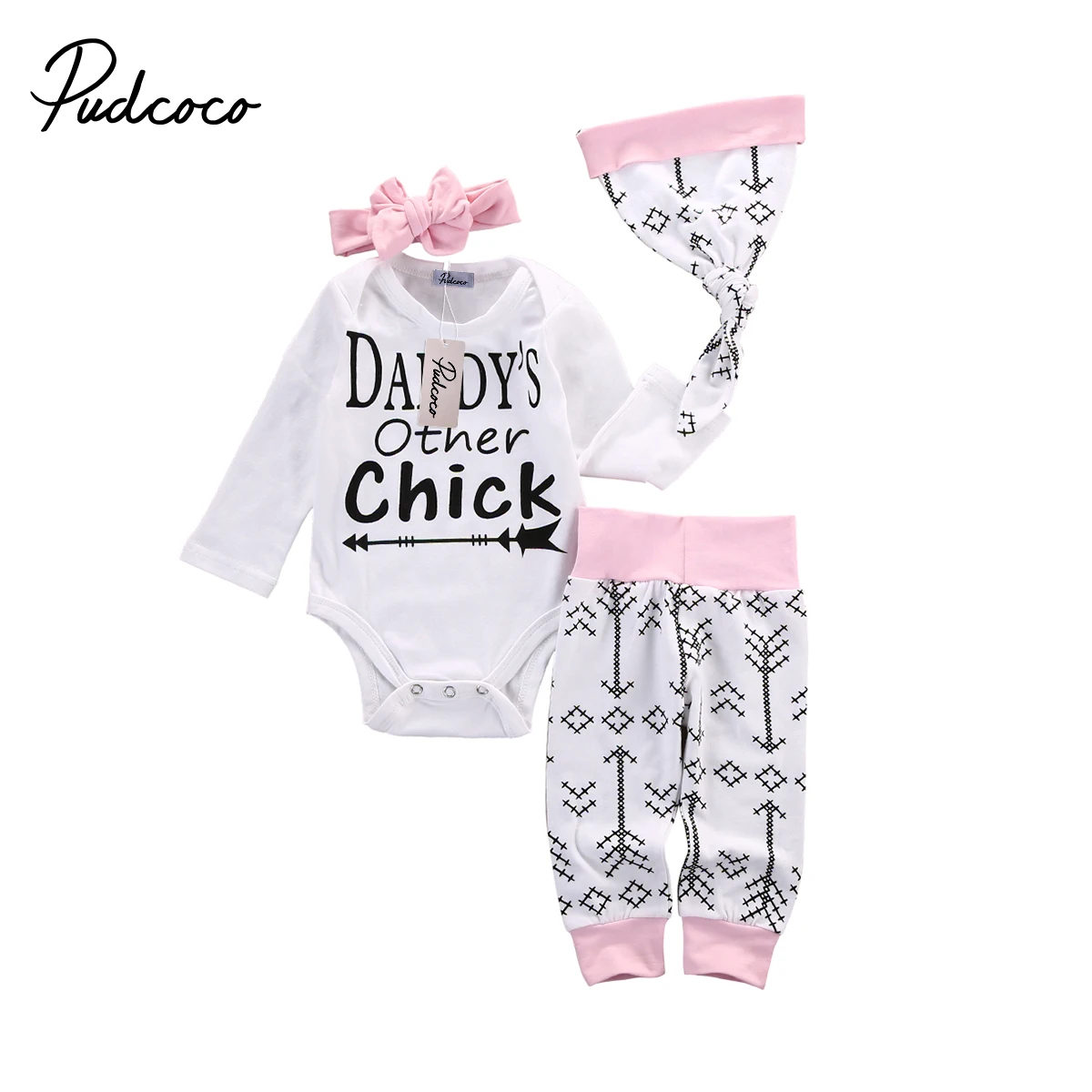 

Pudcoco 4PCS Newborn Baby Girl Cotton Long Sleeve O-Neck Bodysuit +Long Pants Hat Headband Outfit Set 0-18 Months Helen115