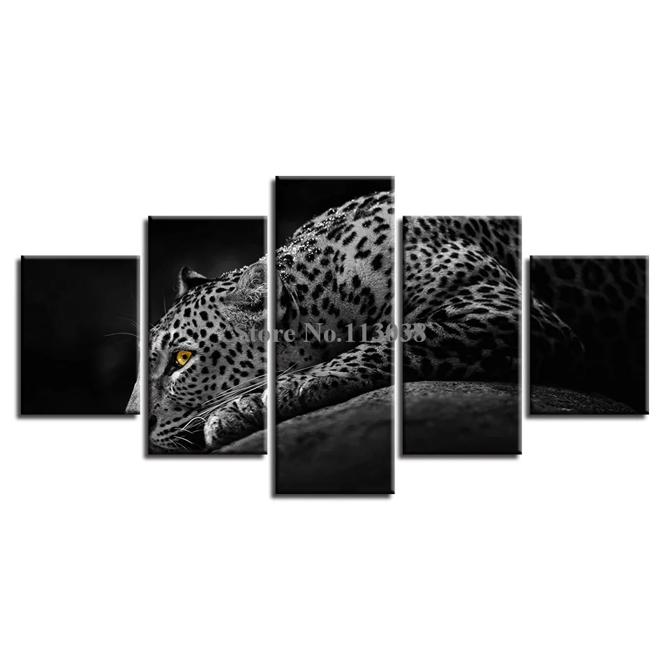 

Hot Selling Fashion 5 Piece in One Set Leopard Yellow Eyes Printed Canvas Painting Living Room Animal Wall Art Pictures