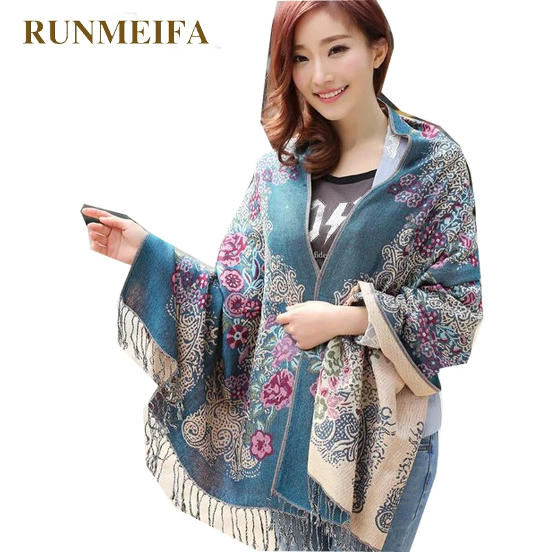 Женская шаль RUNMEIFA из полиэстера с кисточками и принтом зимние кашемировые шарфы
