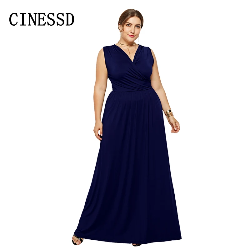 

CINESSD 2019 summer and autumn women's dress long sleeveless dress solid color V-neck fashion large size loose sexy dress