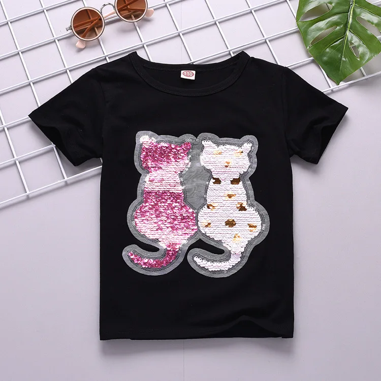 Black (tow cat) Футболка с блестками для маленьких девочек г. Летние топы, Детская футболка для девочек, одежда Топ для девочек-подростков, детские футболки разных цветов - Цвет: Black (tow cat)