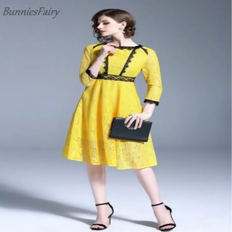 BunniesFairy 2018 новые летние Для женщин Элегантный Желтый Кружева Платье черное с