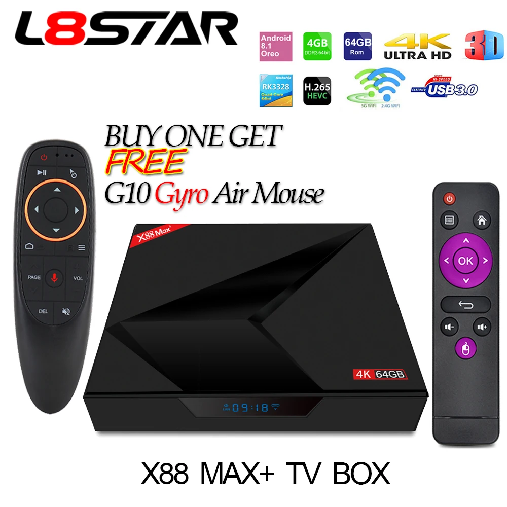 L8STAR X88 MAX + Плюс Бесплатная G10 Fly Air Мышь RK3328 4 Гб 64 Smart Android 8.1TV коробка