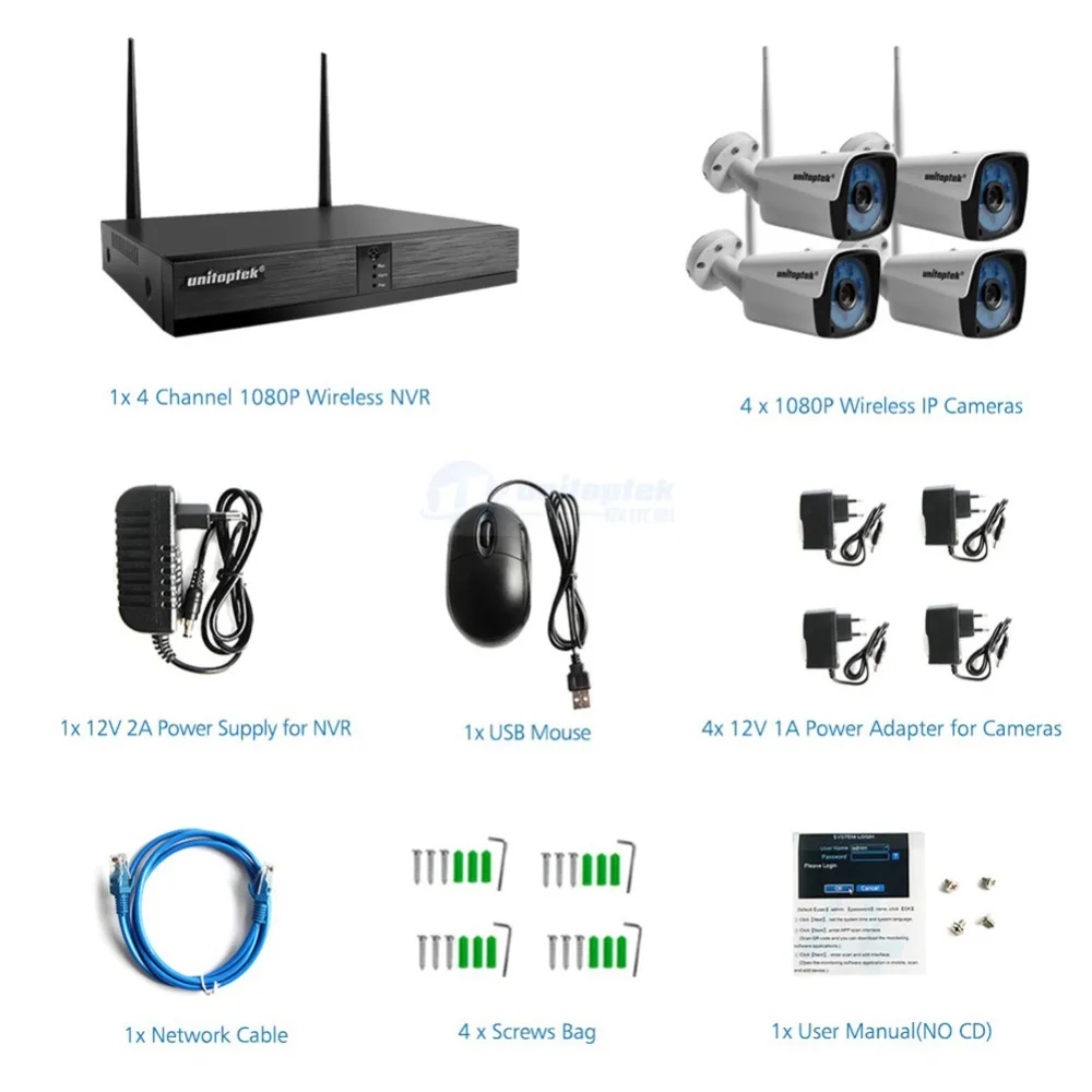 4CH H.265 Беспроводная NVR CCTV система 1080P IP камера WIFI наружная пуля ИК Ночное Видение 4