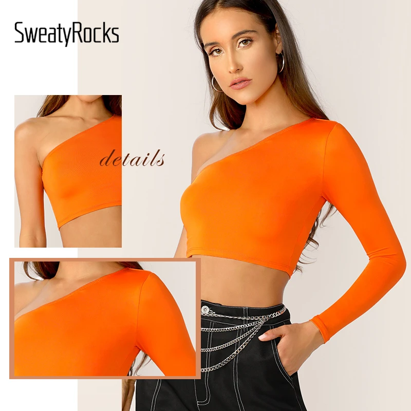 SweatyRocks, неоновый цвет, на одно плечо, укороченная футболка, для женщин, обтягивающие,, летние, сексуальные, одноцветные топы, для спорта, для женщин, облегающая футболка
