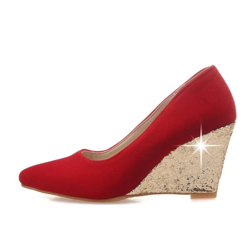 Female Flock Fashion Sequined Wedges Pumps Slip On High Heels Spring Autumn Pointed Toe Party Wedding Shpes Women 2019 Red Black | Обувь