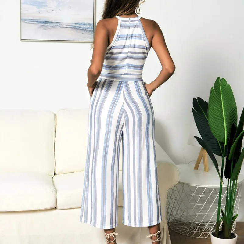 Summer Stripe Jumpsuit Women Sleeveless Elegant Sexy Bandage Jumpsuit Wide Long Pants Casual Work Romper Lady Office Overalls