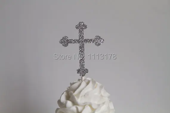

Silver Glitter Cross Cupcake Toppers Toothpicks - Food Picks wedding bridal shower birthday baby shower cupcake topper