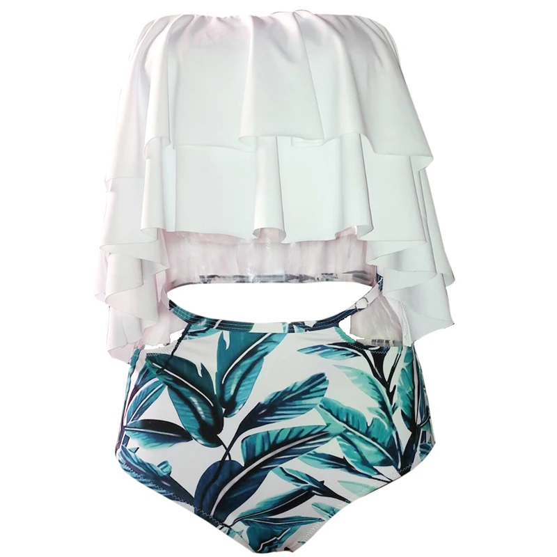 Женский купальник с завышенной талией бикини принтом листьев и открытыми
