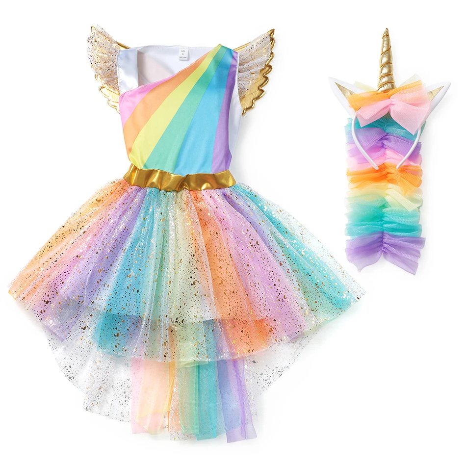 YOFEEL Girls Rainbow Unicorn Dress Cosplay Angel Prom Costume Kids Tutu Princess Lace Dresses Hair Hoop Wing Set Party Halloween | Детская