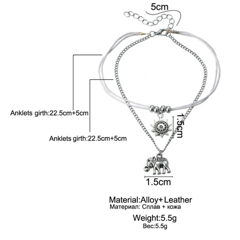 Винтажные Многослойные браслеты на ногу для женщин подвеска в виде слона солнца