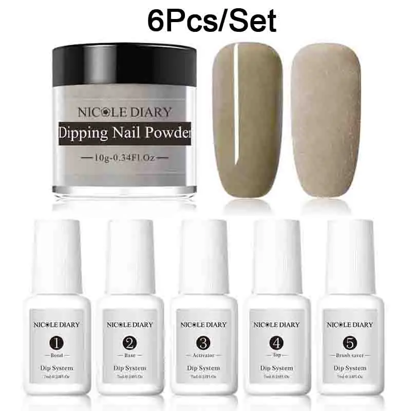 6pcs Set 10 Николь дневник 9/6/4/3 шт Dip для ногтей, порошковый набор нейл-арта, гвозди с блестящим напылением матовая голограмма пыли с базовый топ активатор щетка - Цвет: 6pcs Set 10