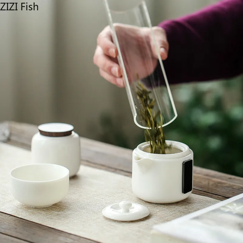 Minimalist White Ceramic Kung Fu Tea Set Suit A Pot of Two Cups Chinese Style Portable Car Travel Tea Set Suit