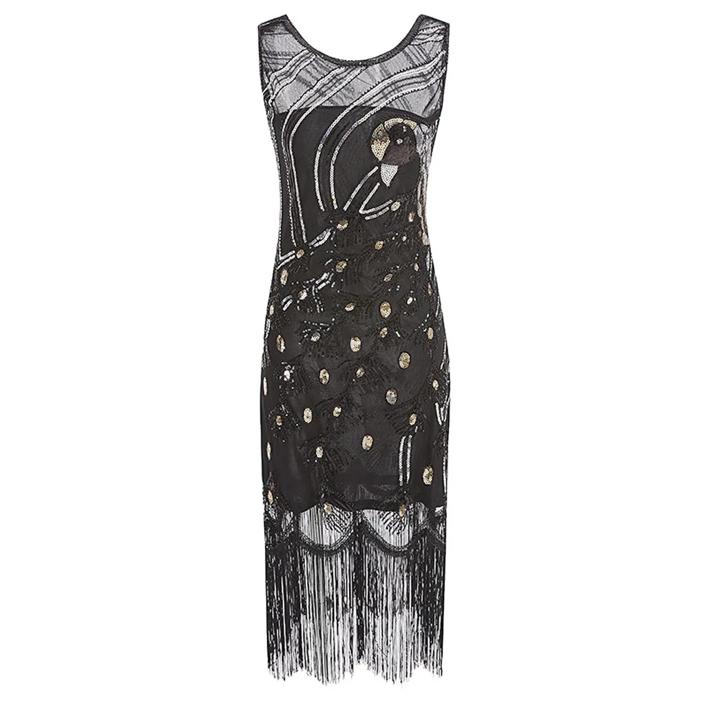 black Женское винтажное платье с блестками 1920s Great Gatsby платье с o-образным вырезом и кисточками Deco облегающее платье для вечеринки с бисером ретро vestidos Femme - Цвет: black