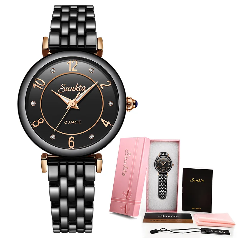 Rose gold black SUNKTA, полностью черные, керамические, бриллиантовые часы, женские, розовое золото, водонепроницаемые, женские часы, Лидирующий бренд, роскошные кварцевые часы, Relogio Feminino - Цвет: Rose gold black