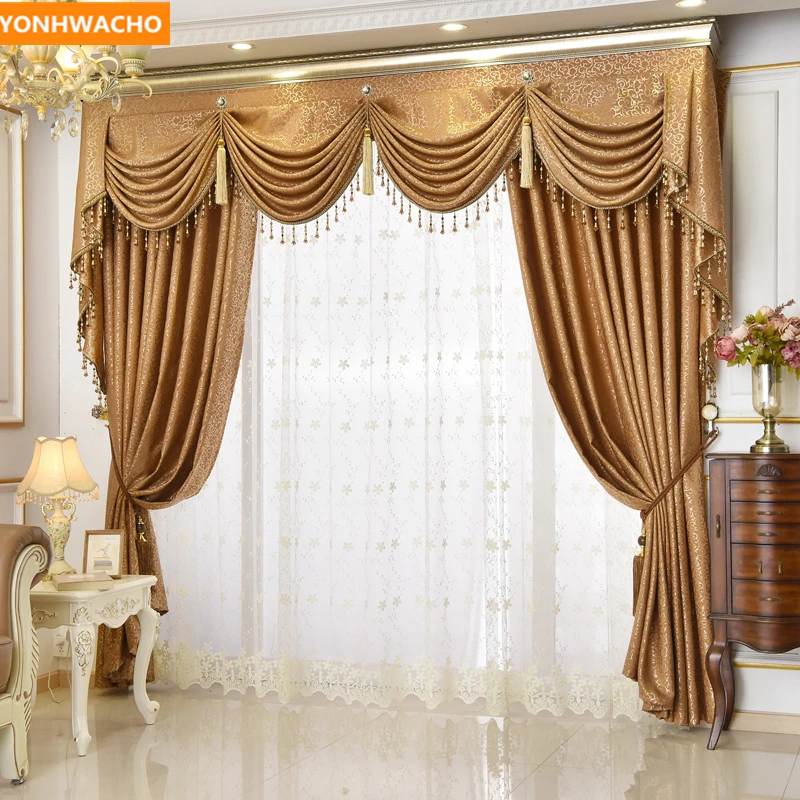 

Custom curtains European luxury upscale living room balcony bay window brown cloth blackout curtain tulle valance drapes N860