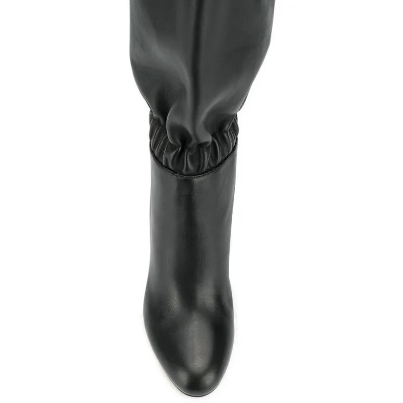 Knsvvli New Pleated Knee High Boots Women Round Toe Black Grey Autumn Shoes Ladies Elastic Strap Heels Botas Femininas | Обувь
