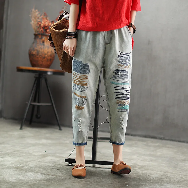 Летние женские джинсы с эластичной резинкой на талии обтягивающие в стиле ретро