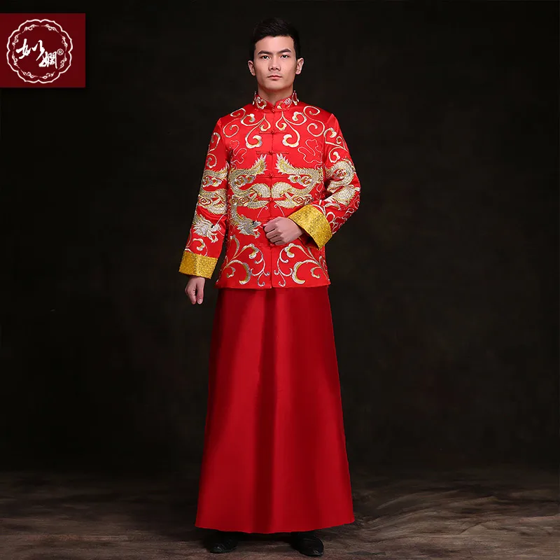 

Chinese style groom wedding long gown tang suit male suit costume show pratensis dragon gown chinese tunic suit men's formal