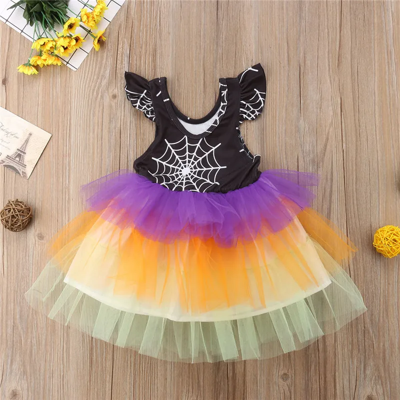 Pop Tollder Kid Baby Girls Spider Wed Print Multicolored Halloween Tulle Tutu Ball Gown Dress Child Suits 1-6T | Детская одежда и