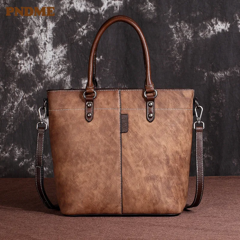 PNDME designer retro handmade genuine leather ladies handbag casual simple daily cowhide women's party shoulder messenger bags