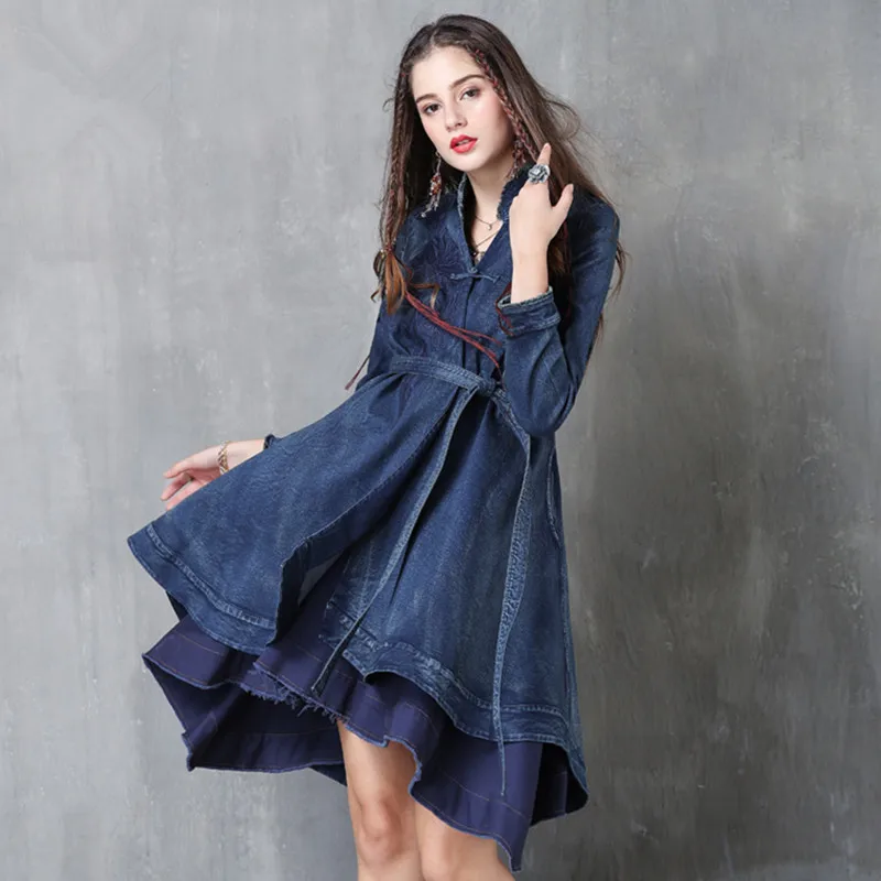 Винтажное джинсовое платье новинка 2017 женское с длинным рукавом стоячим