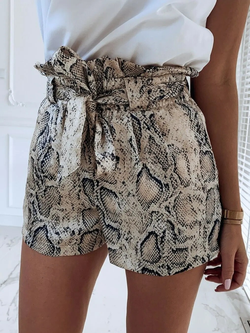 

Fashion Womens High Waist Belt Snake Ladies Summer Casual Dungaree Shorts