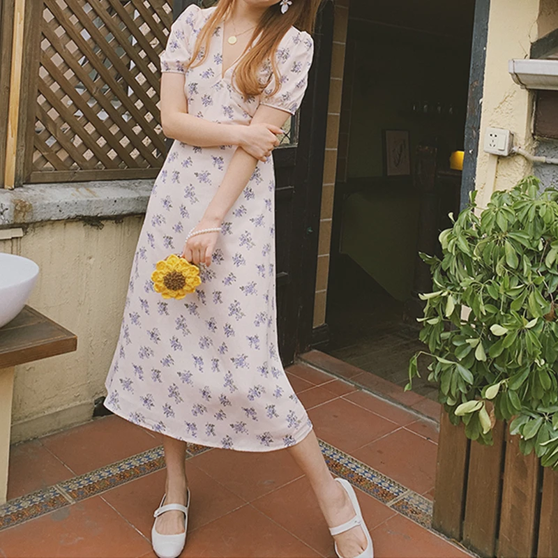 Bazaleas модные пышные рукава Базовые платья с v-образным вырезом vestidos винтажное фиолетовое летнее платье с принтом женское миди платье