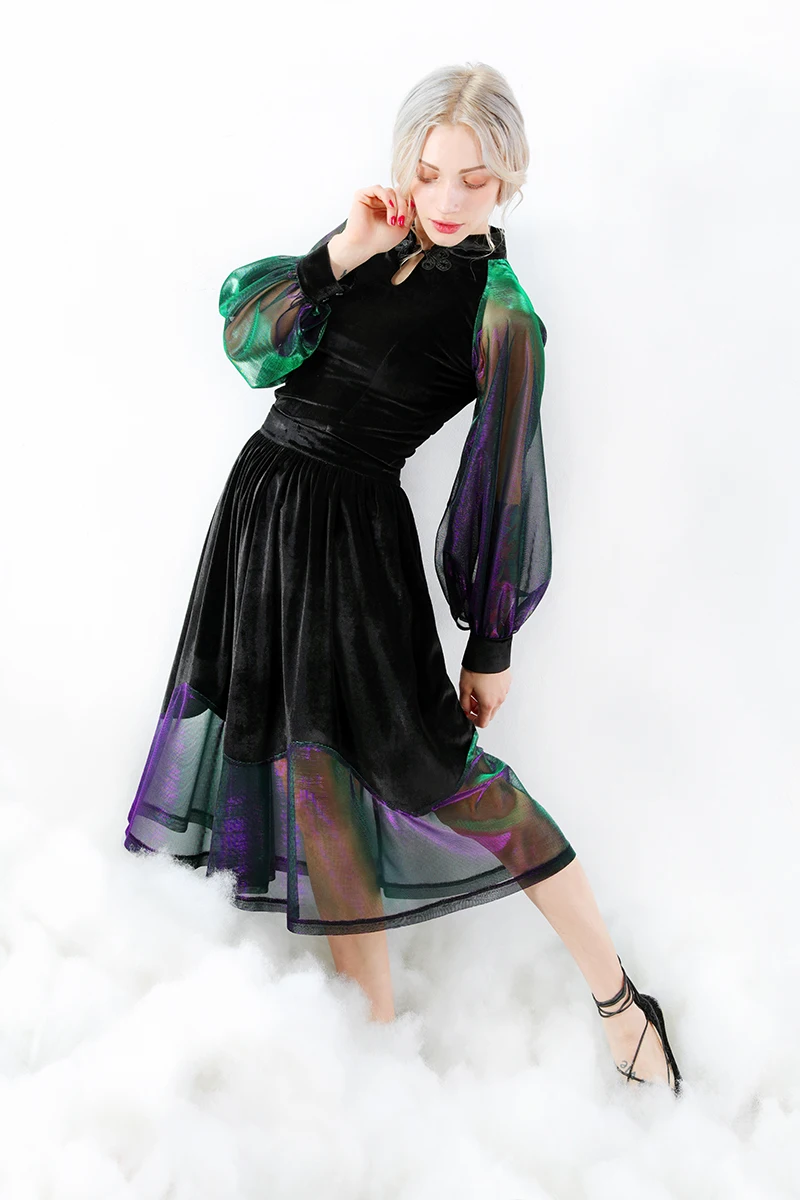 Женская прозрачная флисовая юбка трапеция до колена облегающая феи черная