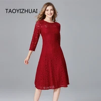 taoyizhuai 2019 new arrival autumn vintage style plus size l red high waist mid calf stretch slim lace dresses for women 14122