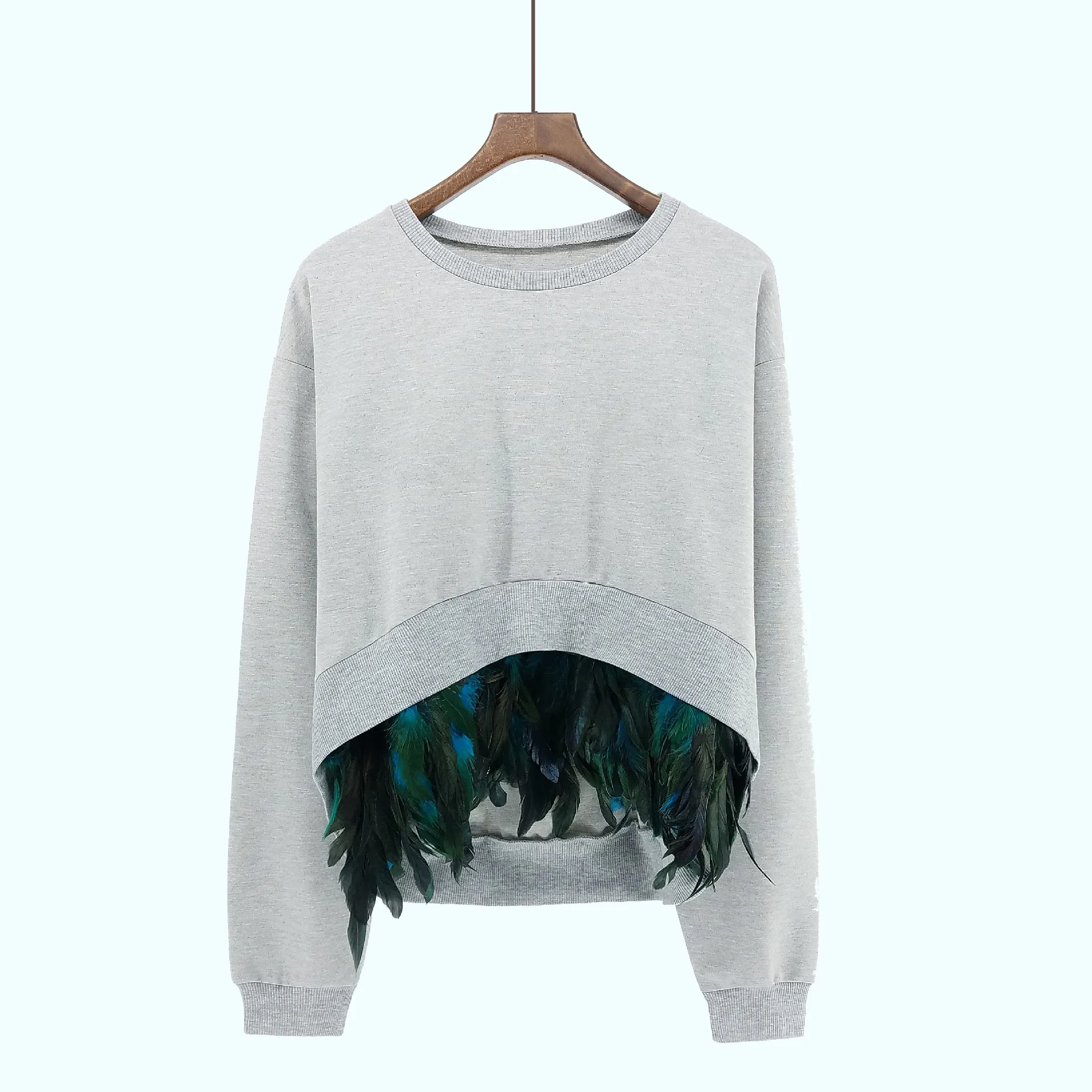 

Woman girl Spring autumn feathers removable stitching front long-sleeved T-shirt tide section 102530 tops