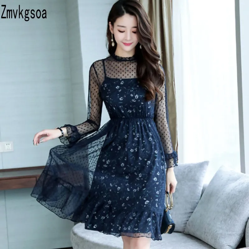 Zmvkgsoa женщин Элегантный цветочный шифоновое платье See Through комплект из двух