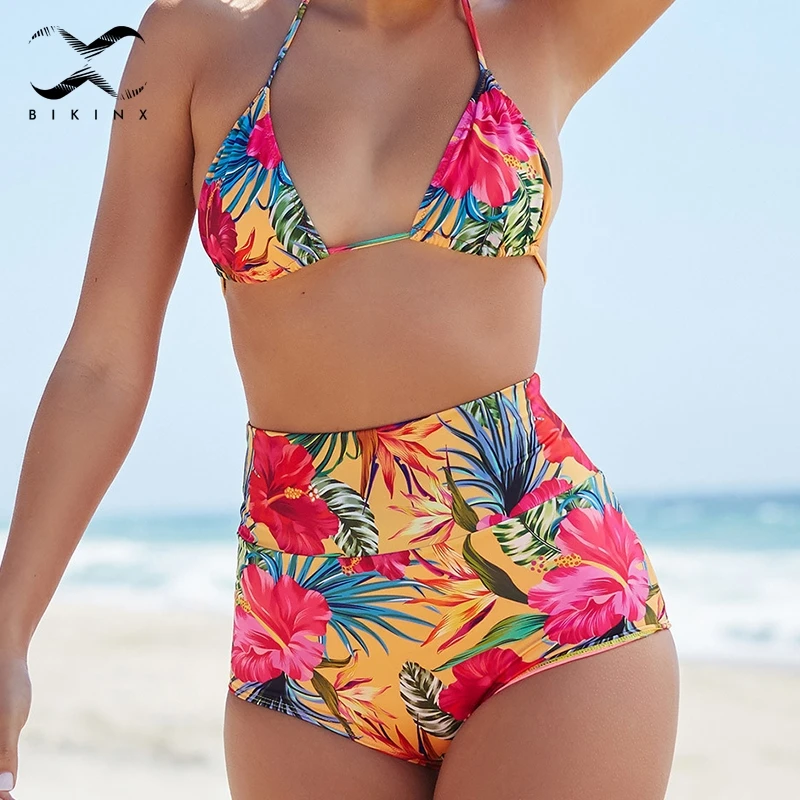 Bikinx Ретро Высокая талия трусики бикини 2019 mujer плавание одежда треугольники