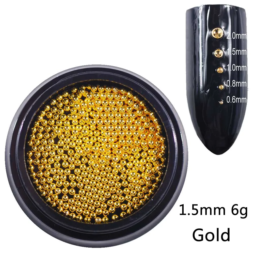 1.5mm gold 6g Бусины для ногтей, микро металлические бусины 0,6-2,0 мм, 3D Шпильки для ногтей, сплав, ювелирное изделие для ногтей, амулеты, принадлежности для художественных украшений, стальные шарики для икры - Цвет: 1.5mm gold 6g