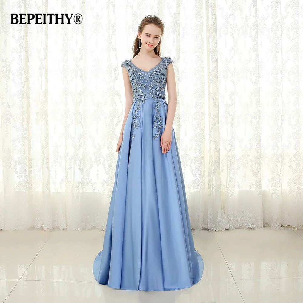 BEPEITHY Голубое Кружевное длинное вечернее платье с v образным вырезом Vestido De Festa 2021