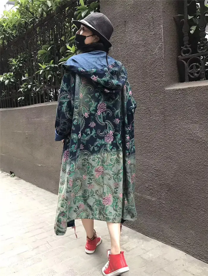 New Harajuku Denim Trench Coat For Women Oversizes Jeans Outerwear Long Sleeve Single-breasted Retro Print Streetwear f924