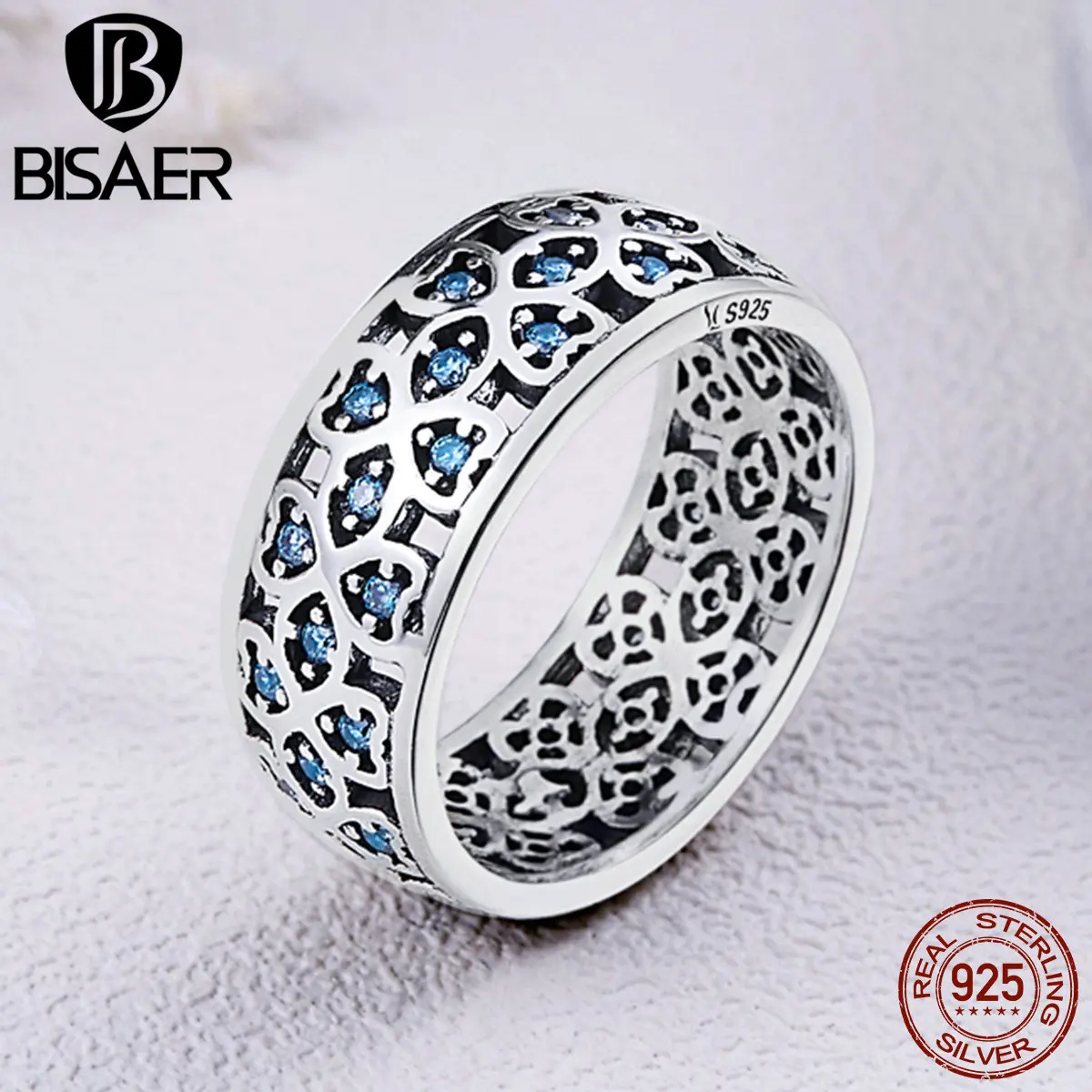 BISAER подлинный 925 пробы, серебро, синий, прозрачный CZ, клевер, дерево, листья, коктейль, модное кольцо на палец, свадебные ювелирные изделия ECR064