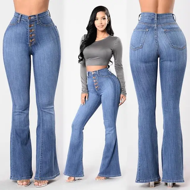 

Женские расклешенные джинсы, узкие брюки с высокой талией, с подъемом ягодиц, широкие штанины, модель джинсовые штаны из денима, размера плю...