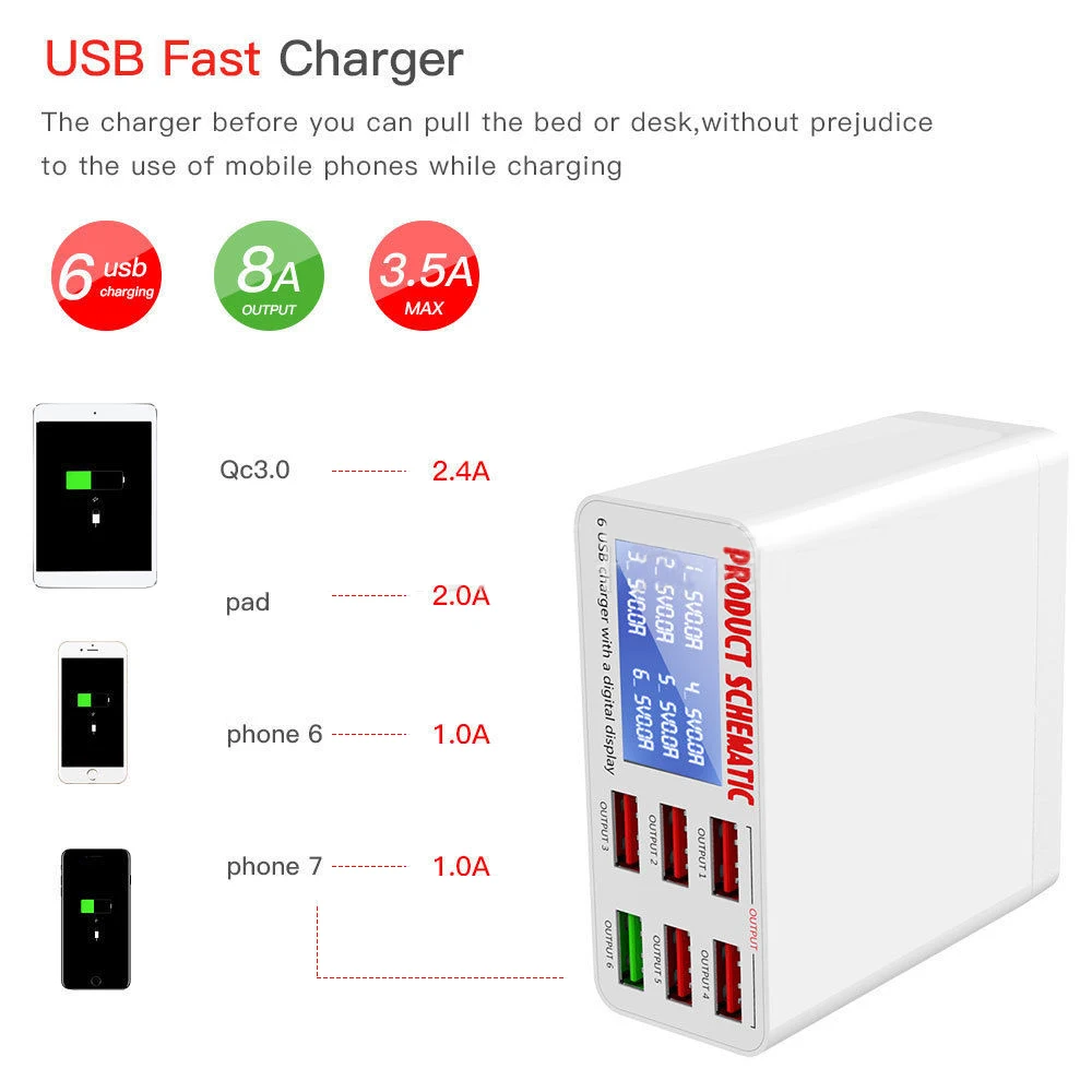 QC 3,0 USB зарядное устройство мульти USB порт быстрое зарядное устройство 6 портов USB розетка быстрое зарядное устройство с ЖК-дисплеем для iPhone iPad SAMSUNG Xiaomi