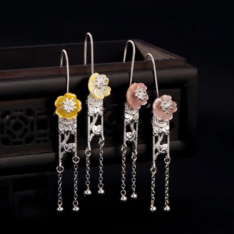 

2018 Real silver S925 pure silver lotus shell shell earrings, retro artistic, unique fresh female Earrings accessories