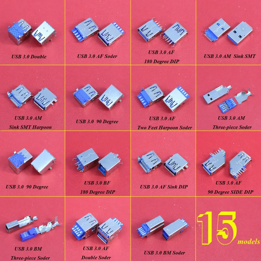 

15Models USB Connector 3.0 Micro USB jack Dual Charging socket High-speed Data Transmission for laptop U Disk Printer