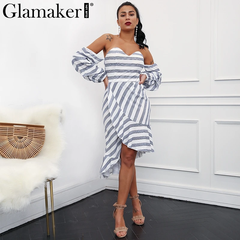 Женское платье в полоску с открытыми плечами Glamaker летнее русалки оборками
