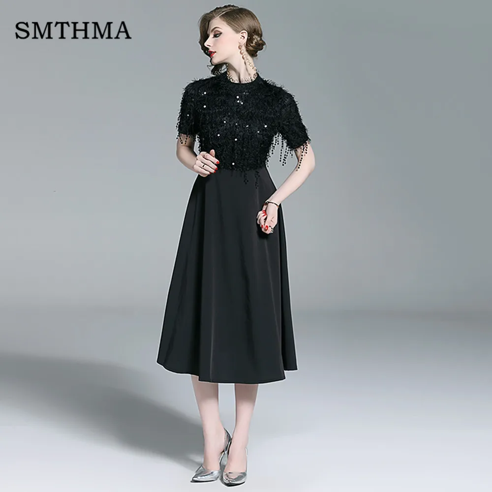 Photo Color Модное подиумное летнее женское платье SMTHMA, винтажное повседневное черное платье с короткими рукавами в стиле пэчворк, лиф с бахромой отделан пайетками, расклешенная юбка, длина миди. Сезон лето - Цвет: Photo Color