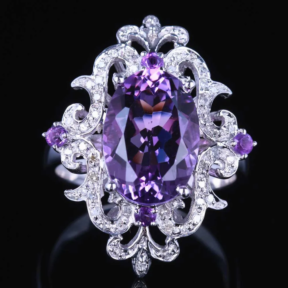 HELON 925 Sterling Silver Oval 4.54ct 100% Genuine Natural Amethyst Diamonds Ring Engagement Women Special Flowers Fine Jewelry | Украшения