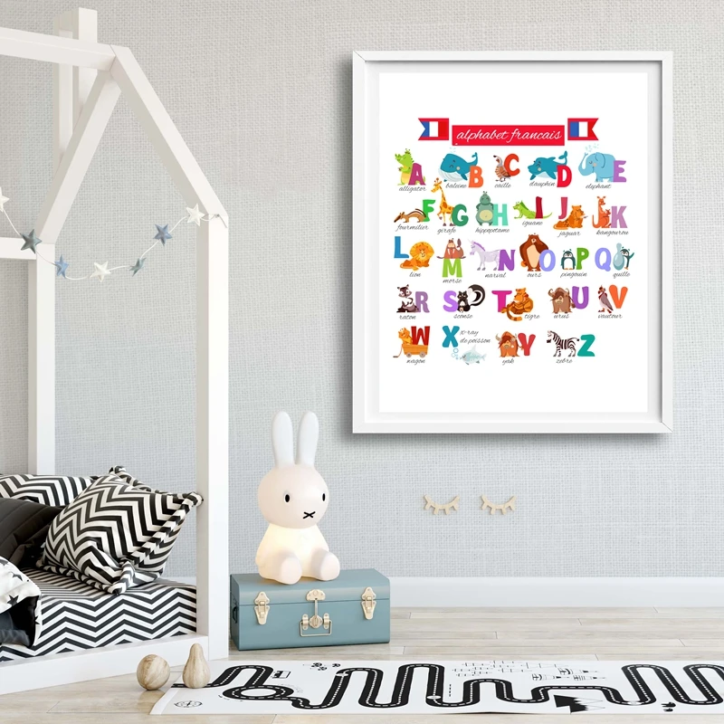 French Cute Cartoon Alphabet with Animals Print Nursery Wall Art Canvas Painting Education Poster Picture Kids Room Decor | Дом и сад
