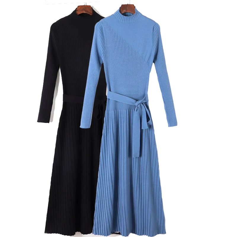 

Elegant Autumn Winter Pleated Women Long Sweater Dress Chic Turtleneck Full Sleeve Sashes Vestidos Female A Line Knitted Dress