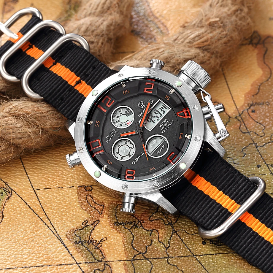 Reloj Hombre GOLDENHOUR спортивные холщовые ремни Автоматические Мужские часы с цифровым