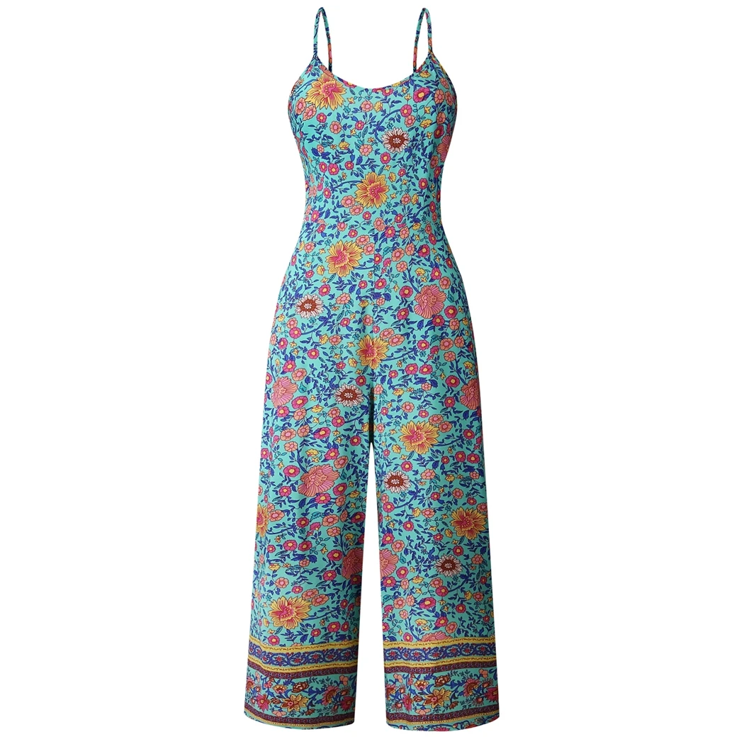 Summer Rompers Womens Jumpsuit Sexy Backless Spaghetti Strap Long Playsuit Wide Leg Pants Sleeveless Print Boho Beach Overalls | Женская