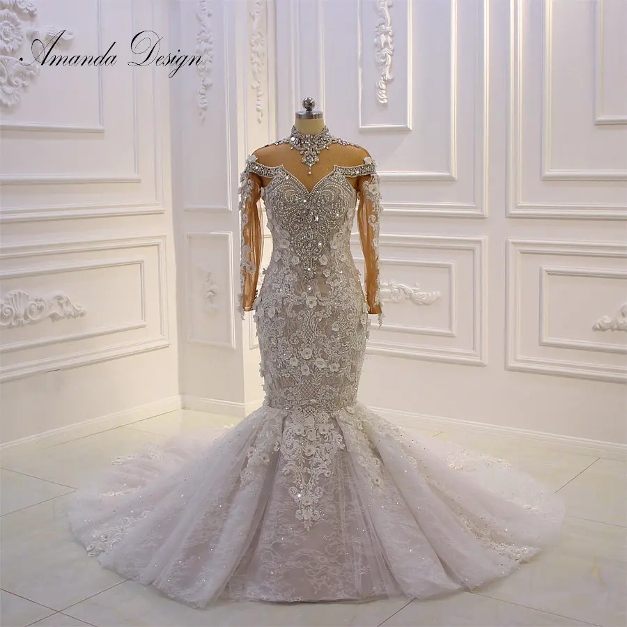 Аманда дизайн vestito sposa с высоким вырезом и длинным рукавом Кристалл Русалка Африка свадебное платье для невесты